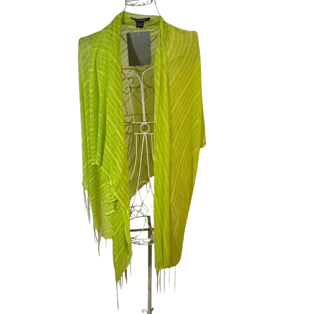 NWT Couture Gems Green Sheer Striped Fringe Open Front Wrap Cover Up One Size